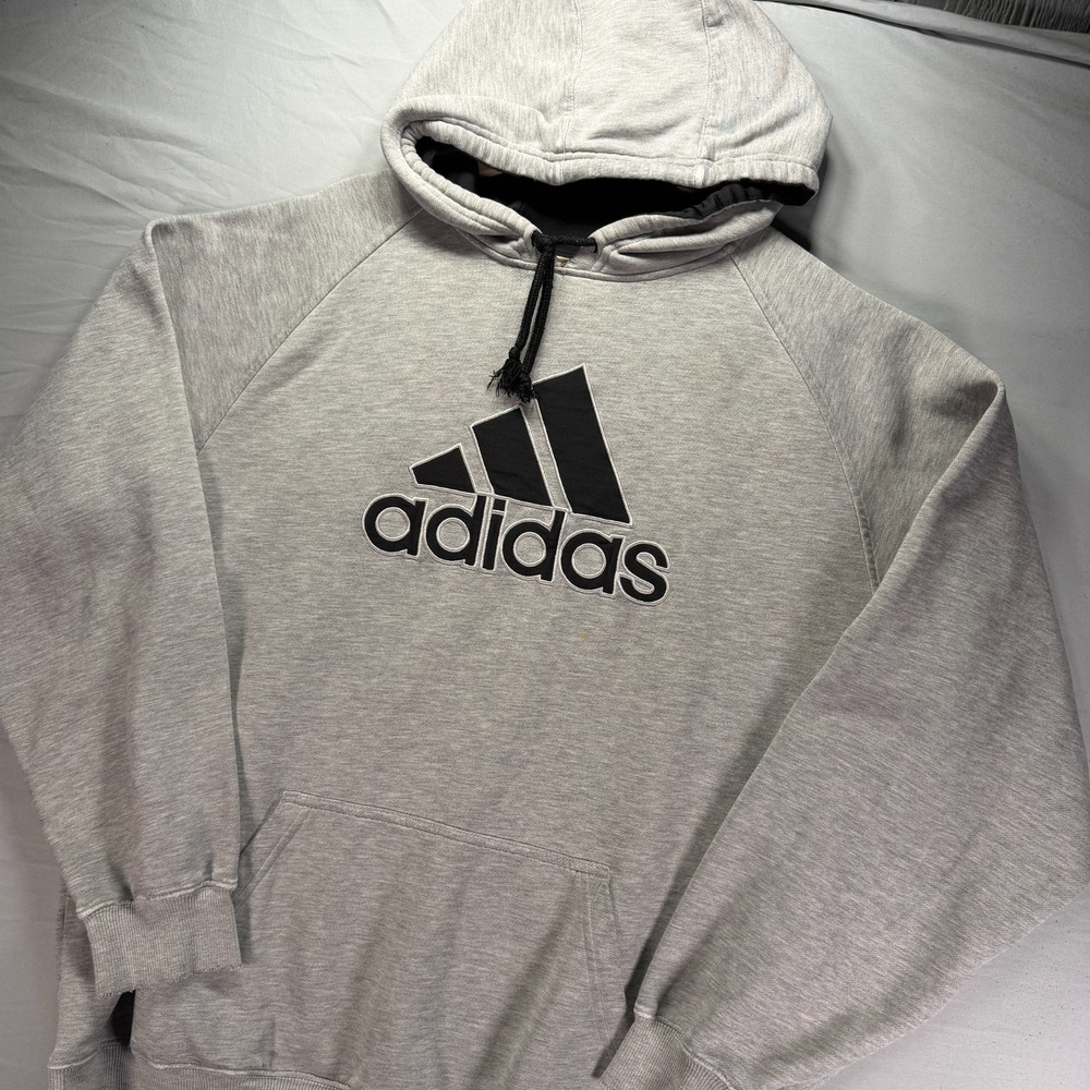 Vintage Y2K Adidas Hoodie Mens XL Gray Pullover Sweatshirt Big Logo Fleece